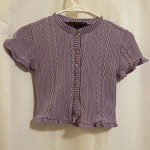 Women’s Cropped Purple Knit Short Sleeve Button Up Ruffled Sleeve Top